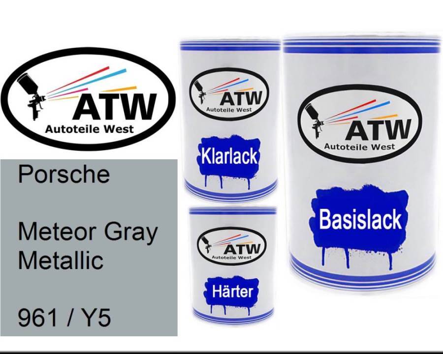 Porsche, Meteor Gray Metallic, 961 / Y5: 500ml Lackdose + 500ml Klarlack + 250ml Härter - Set, von ATW Autoteile West.